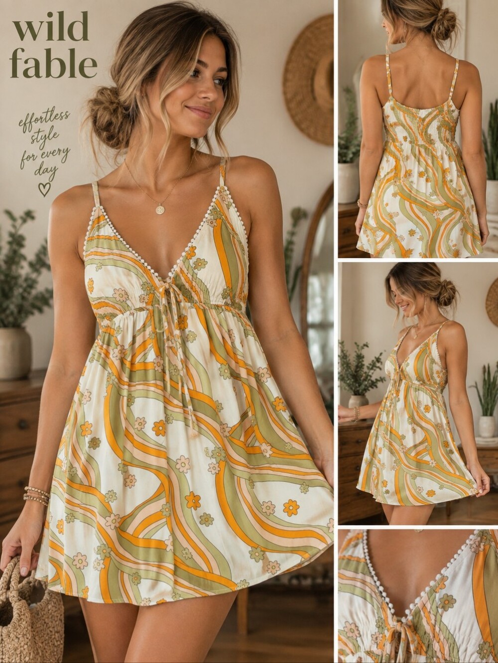 Wild fable Cream Mini Dress with Mustard and Olive Wave Print
